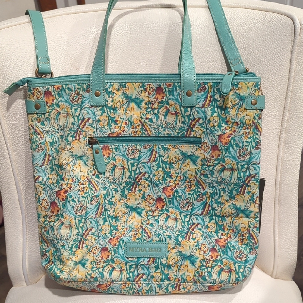 Myra Bag Teal Floral Tote with Yellow and Rust Accents